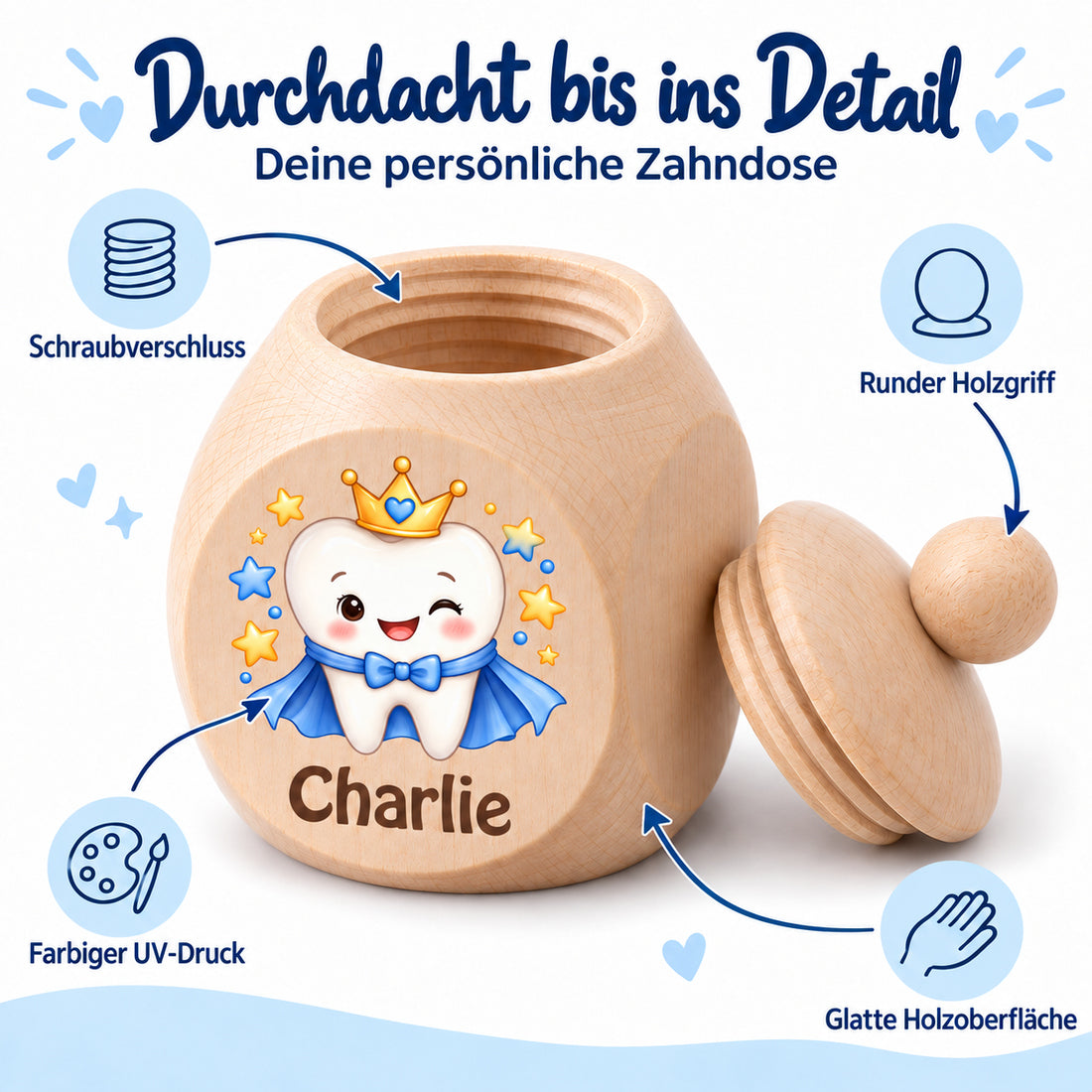 Detailbild der Zahndose mit Motiv Zahnprinz: UV-Druck, Schraubdeckel und glatte Holzoberfläche