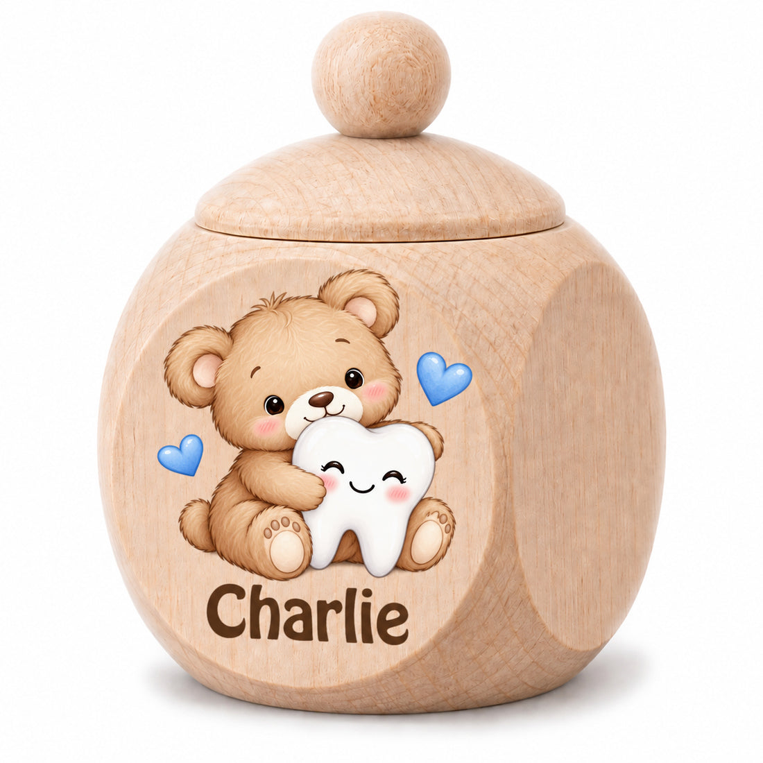 Zahndose aus Ahornholz mit Motiv Teddybär & Zahn und Beispielname Charlie vor weißem Hintergrund