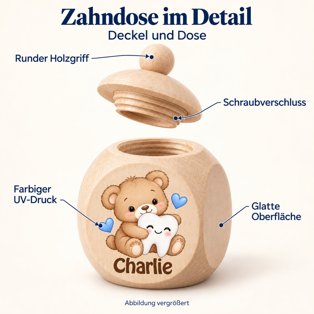 Detailbild der Zahndose mit Motiv Teddybär & Zahn: UV-Druck, Schraubdeckel und glatte Holzoberfläche