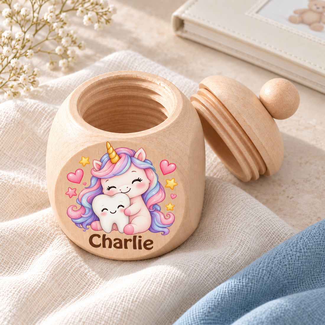 Geöffnete Zahndose mit Motiv Einhorn & Zahn von oben und Schraubdeckel daneben