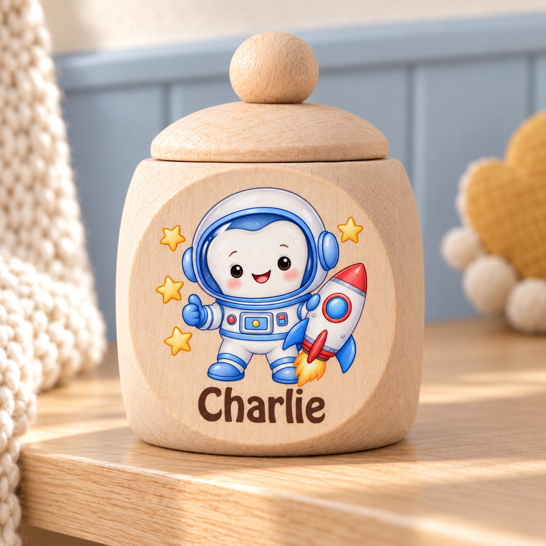 Zahndose mit Motiv Zahn-Astronaut geschlossen im Kinderzimmer
