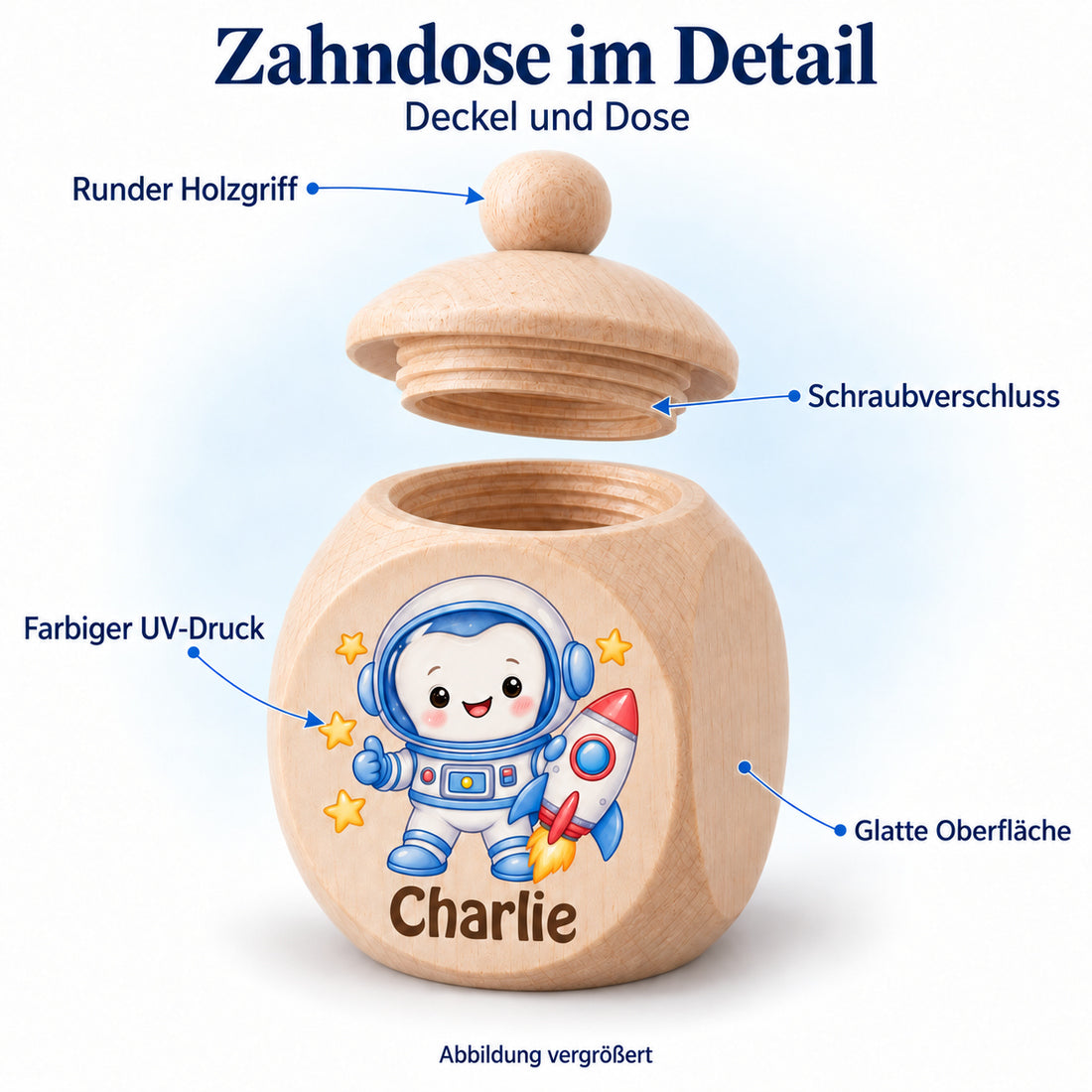 Zahndose mit Motiv Zahn-Astronaut im Detailbild mit UV-Druck, Schraubdeckel und glatter Holzoberfläche