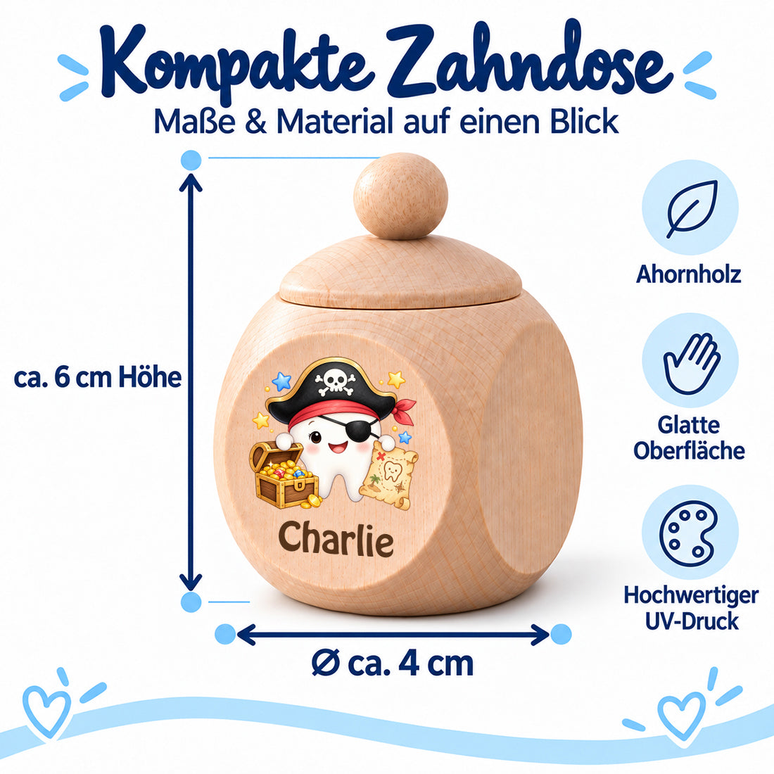 Zahndose mit Motiv Zahn-Pirat im Maßbild: ca. 6 cm hoch und 4 cm Durchmesser