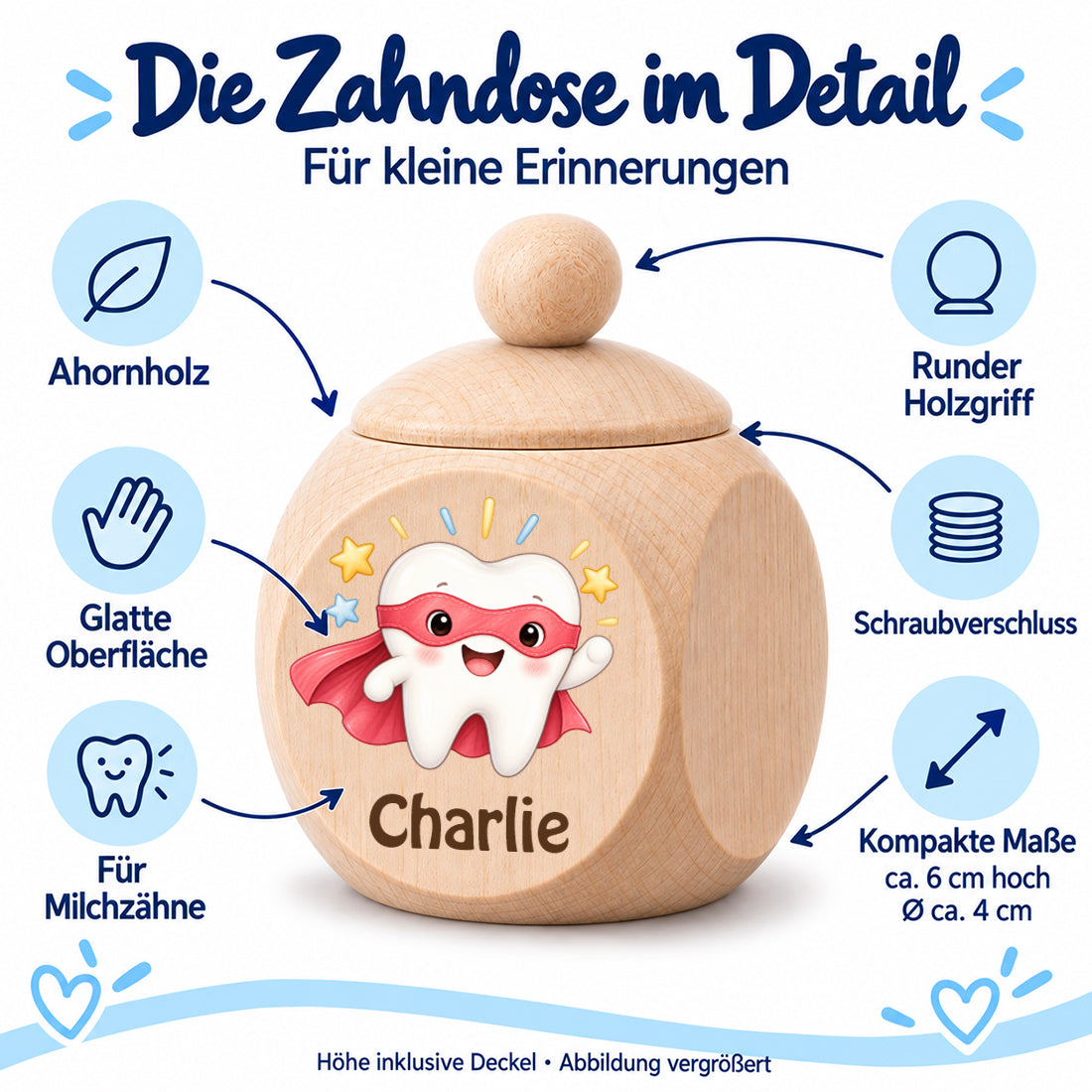 Zahndose mit Motiv Superzahn im Detailbild mit Material und Schraubverschluss