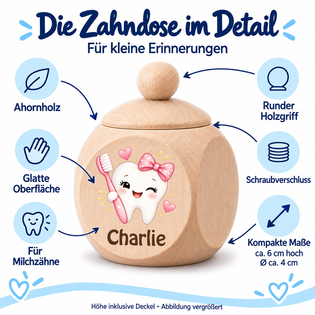 Zahndose mit Motiv Zahn & Zahnbürste im Detailbild mit Material und Schraubverschluss