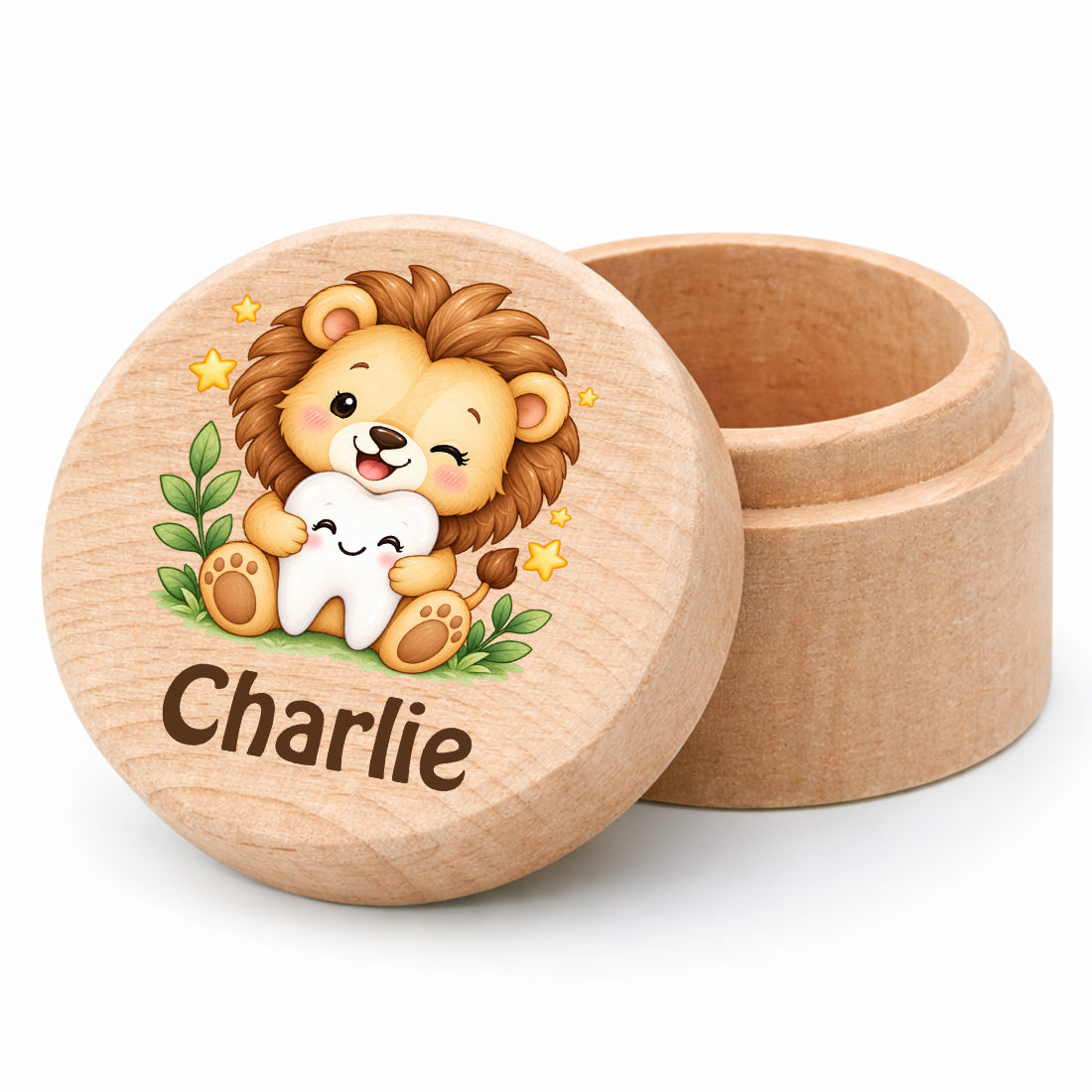 Runde Zahndose mit Motiv Löwe & Zahn und Beispielname Charlie vor weißem Hintergrund