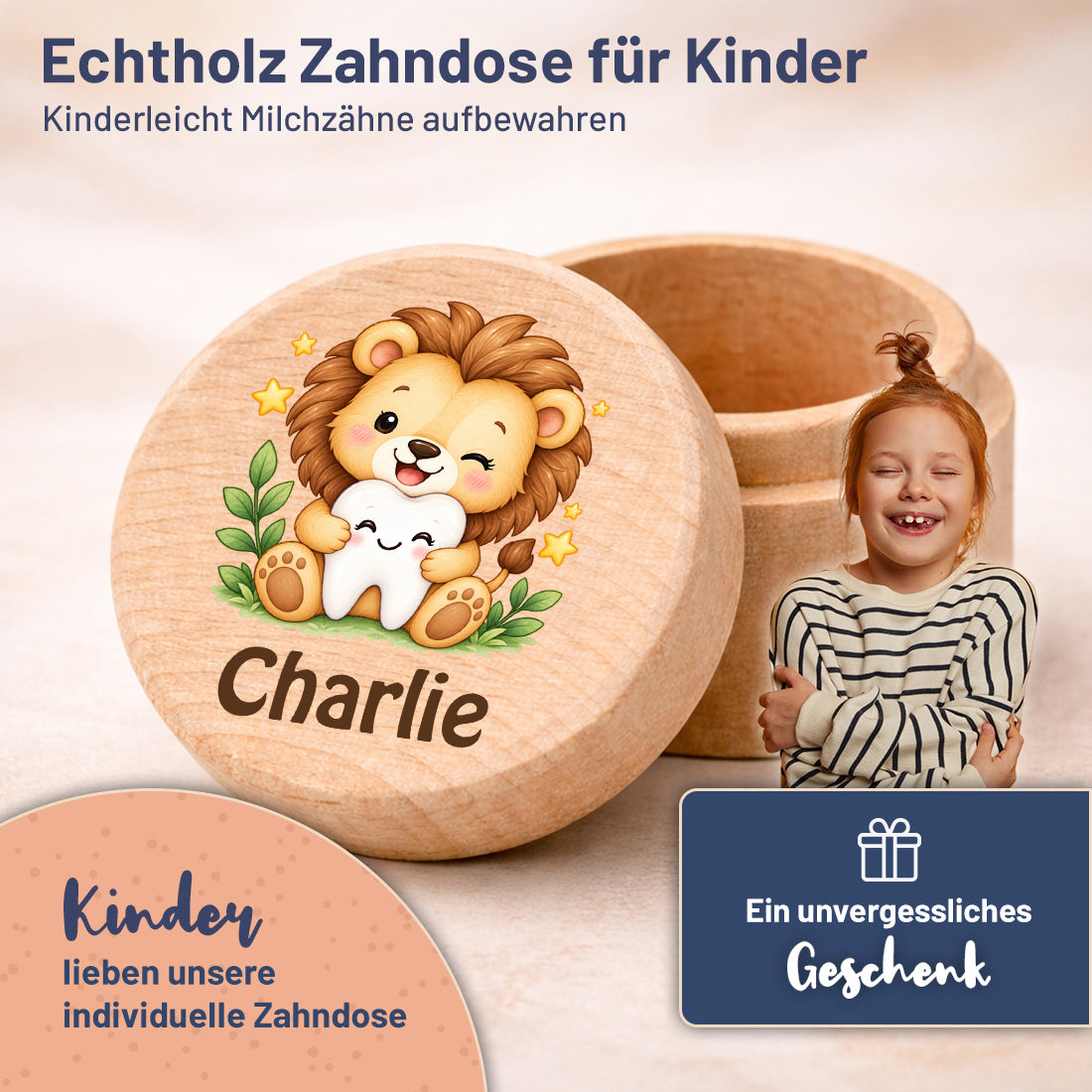 Runde Zahndose mit Motiv Löwe & Zahn und Beispielname Charlie im Kinderzimmer