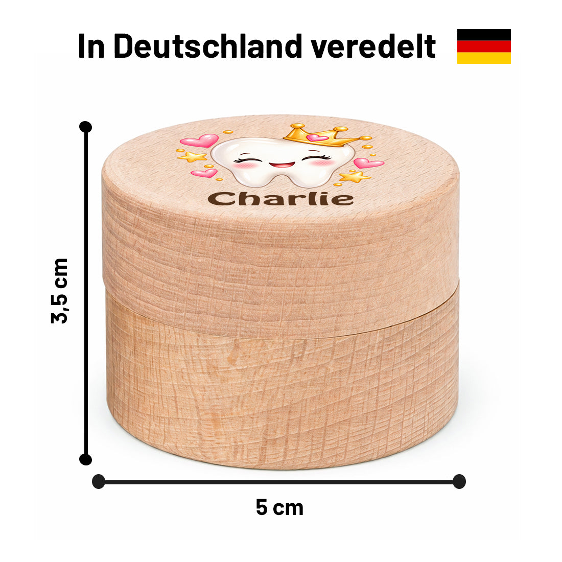 Runde Zahndose mit Motiv Zahnprinzessin und Beispielname Charlie im Maßbild mit 5 cm Durchmesser und 3,5 cm Höhe