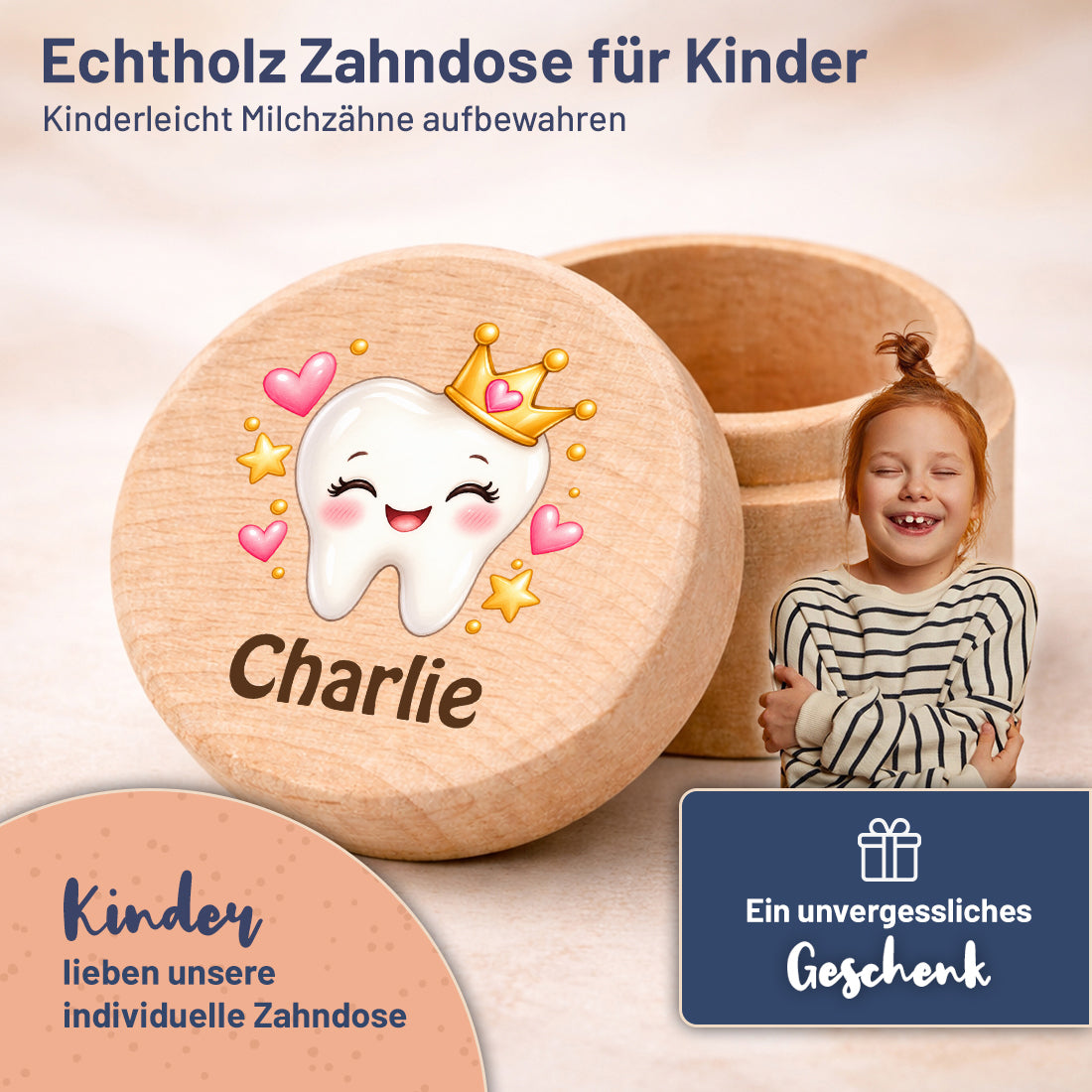 Runde Zahndose mit Motiv Zahnprinzessin und Beispielname Charlie im Kinderzimmer