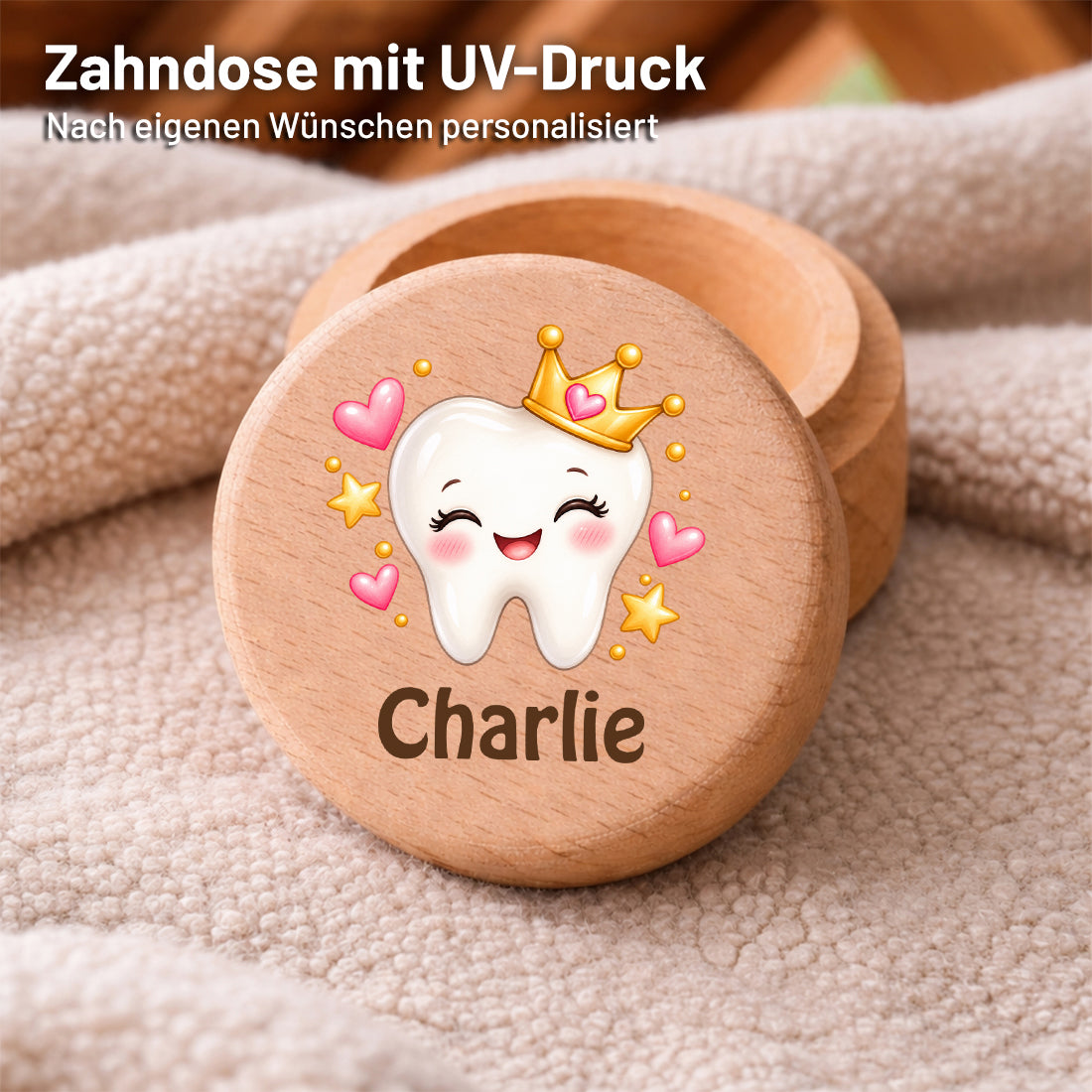 Runde Zahndose mit Motiv Zahnprinzessin und Beispielname Charlie im Detailbild mit UV-Druck auf dem Deckel