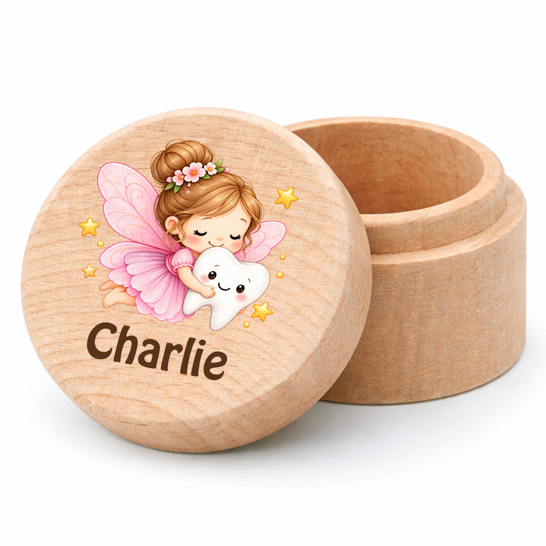 Runde Zahndose mit Motiv Zahnfee und Beispielname Charlie vor weißem Hintergrund