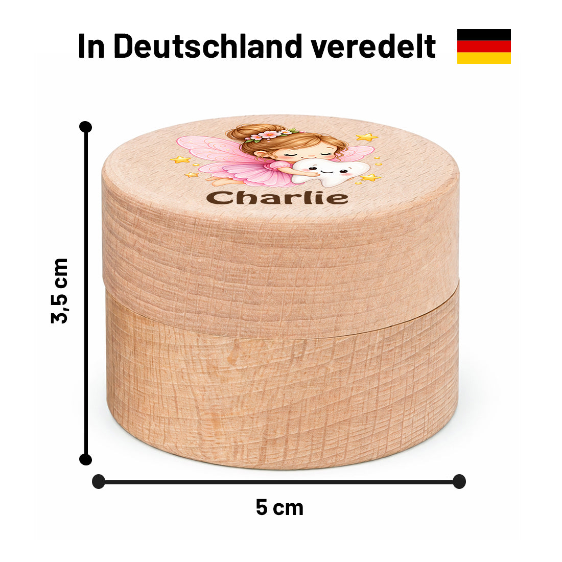 Runde Zahndose mit Motiv Zahnfee und Beispielname Charlie im Maßbild mit 5 cm Durchmesser und 3,5 cm Höhe