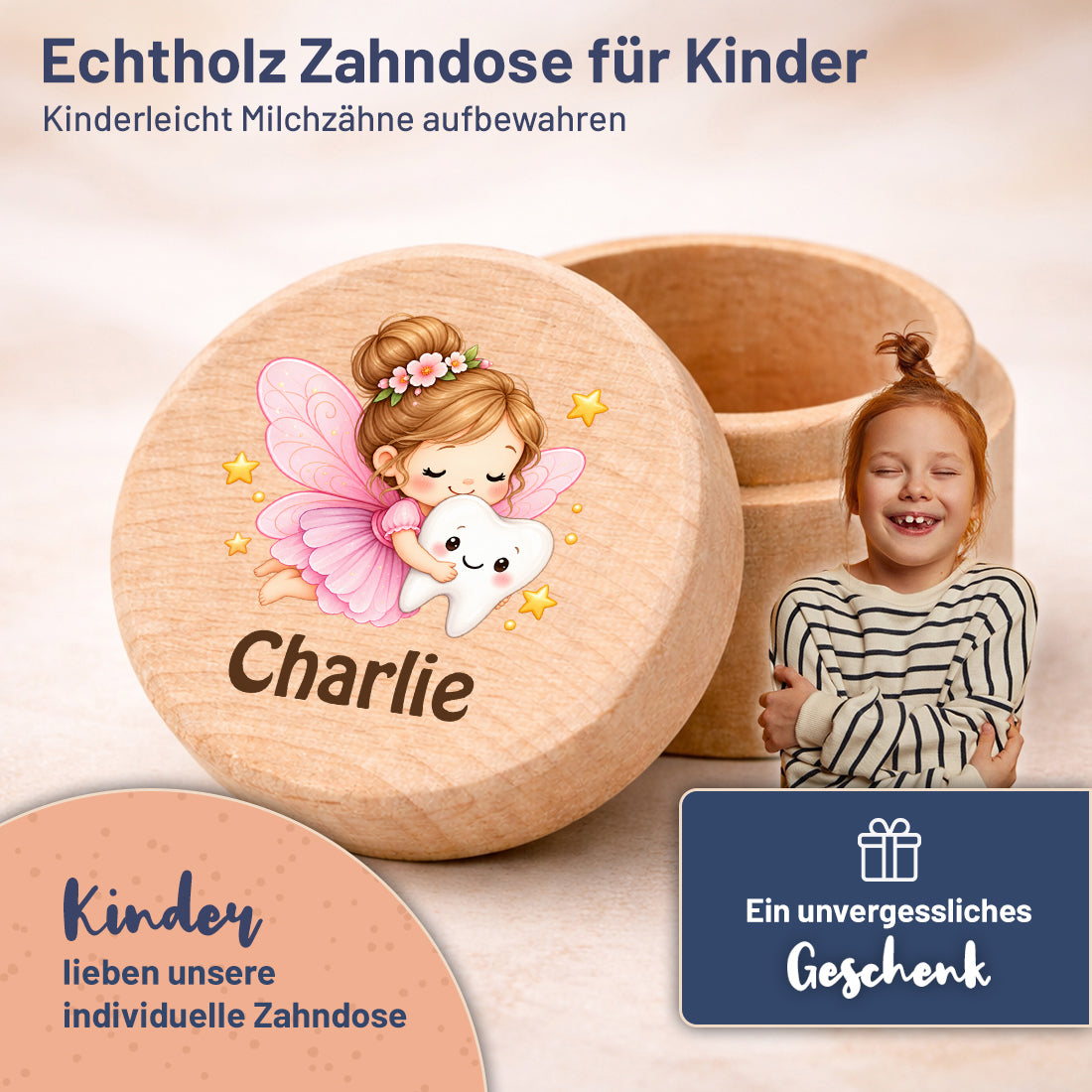 Runde Zahndose mit Motiv Zahnfee und Beispielname Charlie im Kinderzimmer