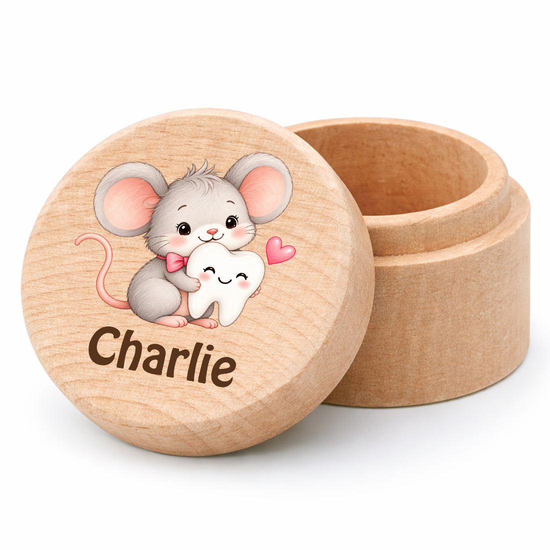 Runde Zahndose mit Motiv Zahnmaus und Beispielname Charlie vor weißem Hintergrund