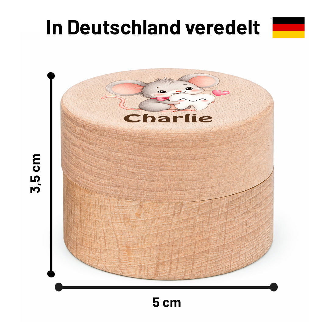 Runde Zahndose mit Motiv Zahnmaus und Beispielname Charlie im Maßbild mit 5 cm Durchmesser und 3,5 cm Höhe