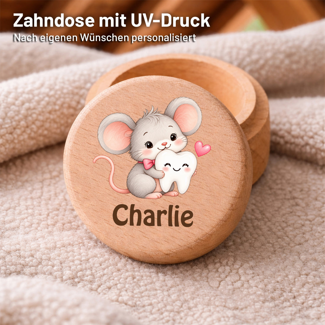 Runde Zahndose mit Motiv Zahnmaus und Beispielname Charlie im Detailbild mit UV-Druck auf dem Deckel