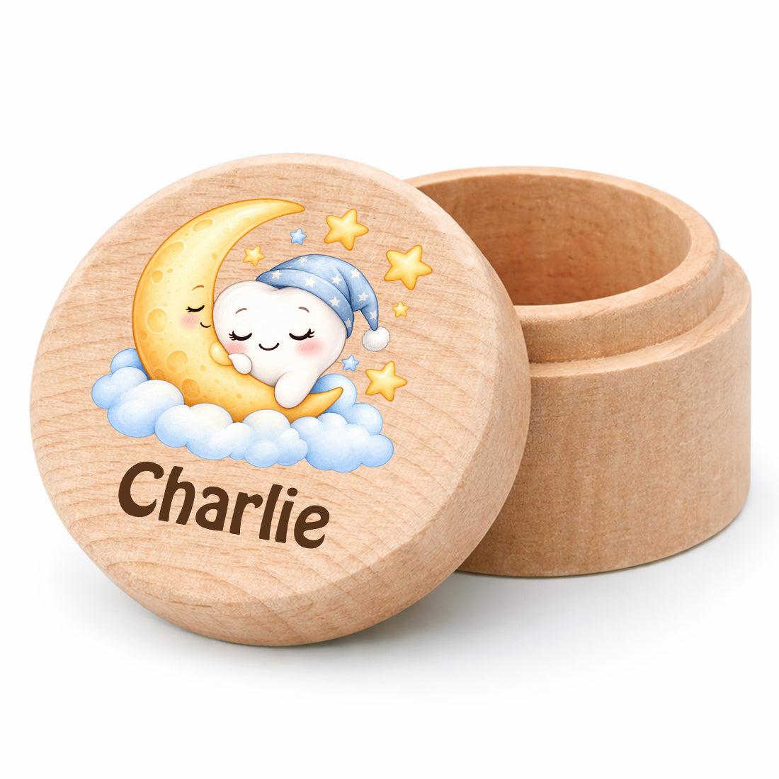 Runde Zahndose mit Motiv Mond & Zahn und Beispielname Charlie vor weißem Hintergrund