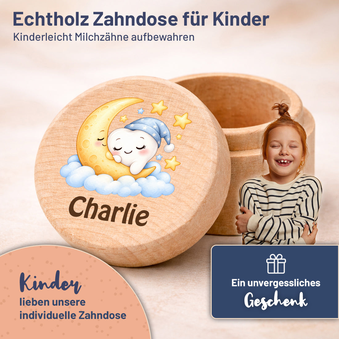 Runde Zahndose mit Motiv Mond & Zahn und Beispielname Charlie im Kinderzimmer