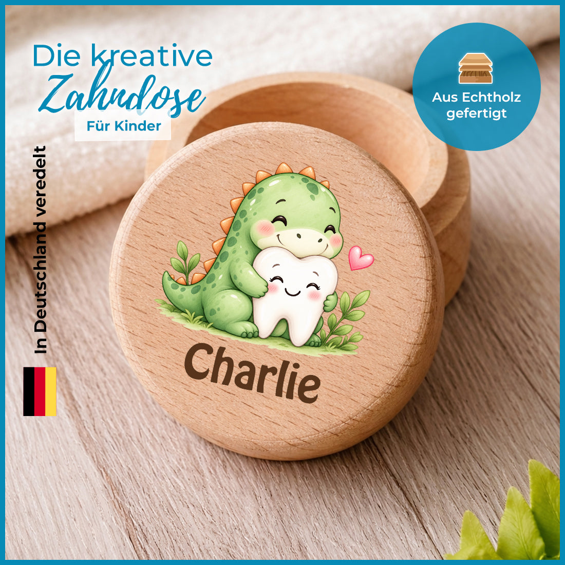 Runde Zahndose mit Motiv Dino & Zahn und Beispielname Charlie im Detailbild mit Holzmaserung