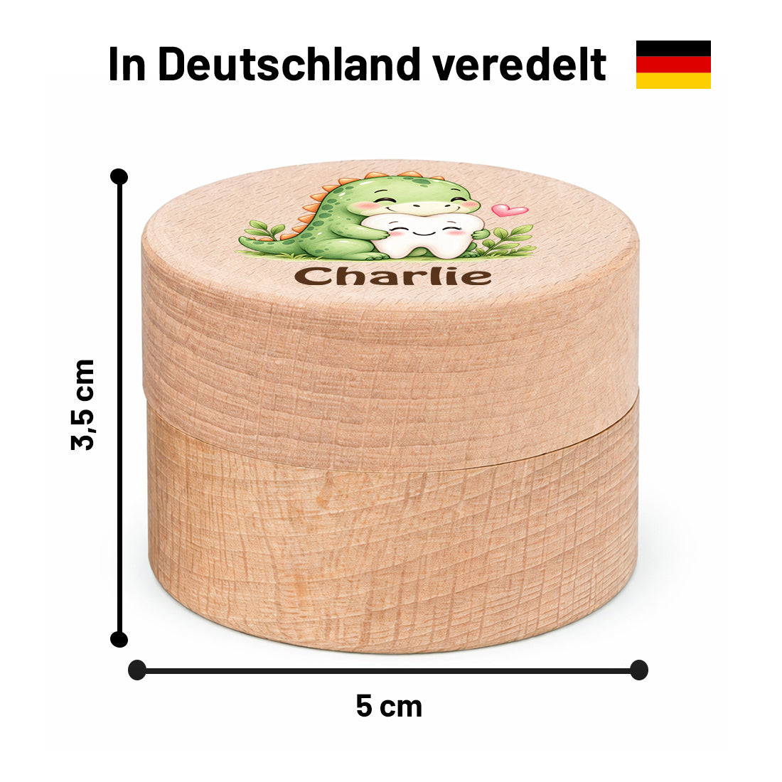 Runde Zahndose mit Motiv Dino & Zahn und Beispielname Charlie im Maßbild mit 5 cm Durchmesser und 3,5 cm Höhe