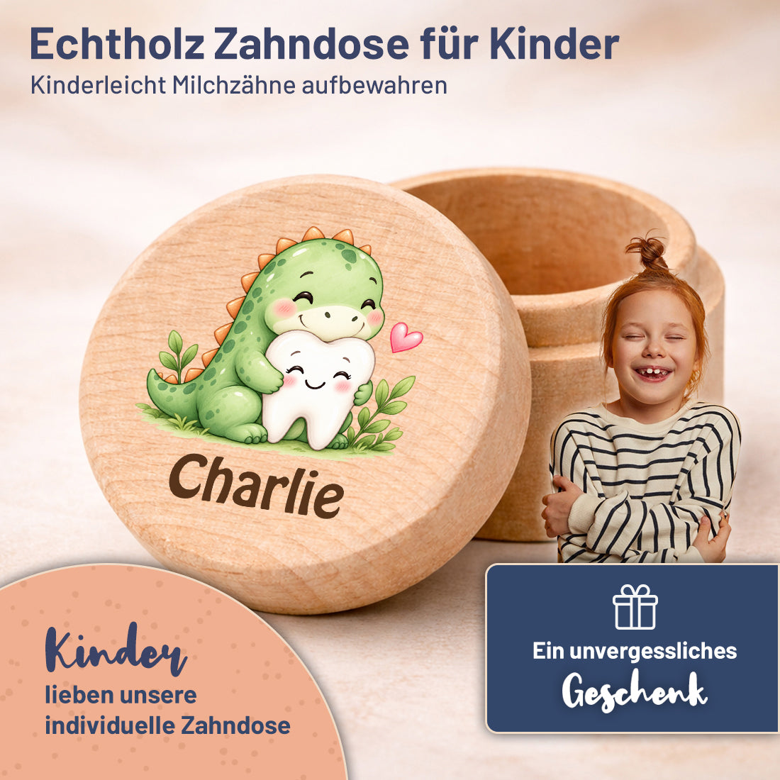 Runde Zahndose mit Motiv Dino & Zahn und Beispielname Charlie im Kinderzimmer