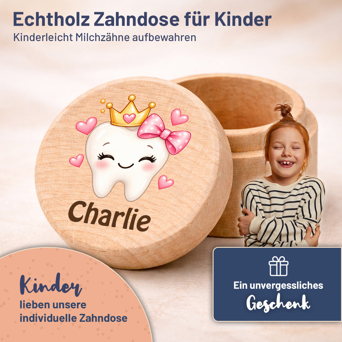 Runde Zahndose mit Motiv Zahnprinzessin mit Schleife und Beispielname Charlie im Kinderzimmer