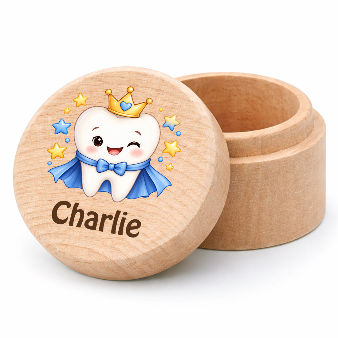 Runde Zahndose mit Motiv Zahnprinz und Beispielname Charlie vor weißem Hintergrund