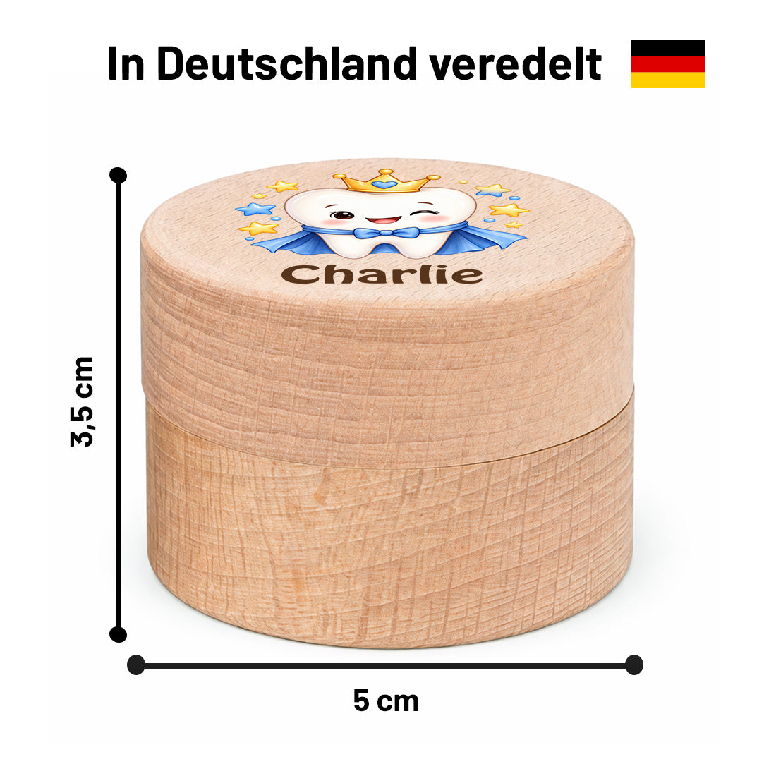 Runde Zahndose mit Motiv Zahnprinz und Beispielname Charlie im Maßbild mit 5 cm Durchmesser und 3,5 cm Höhe