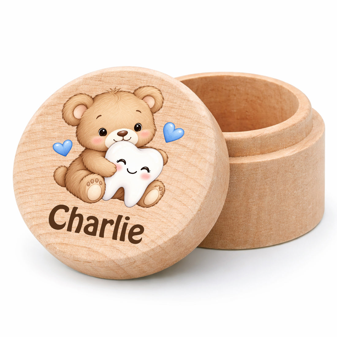 Runde Zahndose mit Motiv Teddybär & Zahn und Beispielname Charlie vor weißem Hintergrund