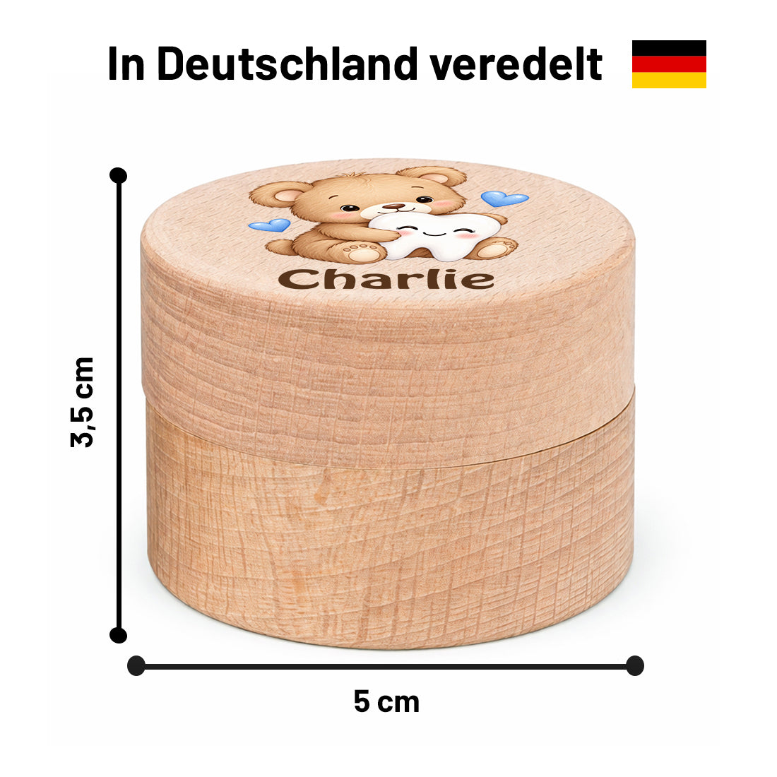 Runde Zahndose mit Motiv Teddybär & Zahn und Beispielname Charlie im Maßbild mit 5 cm Durchmesser und 3,5 cm Höhe