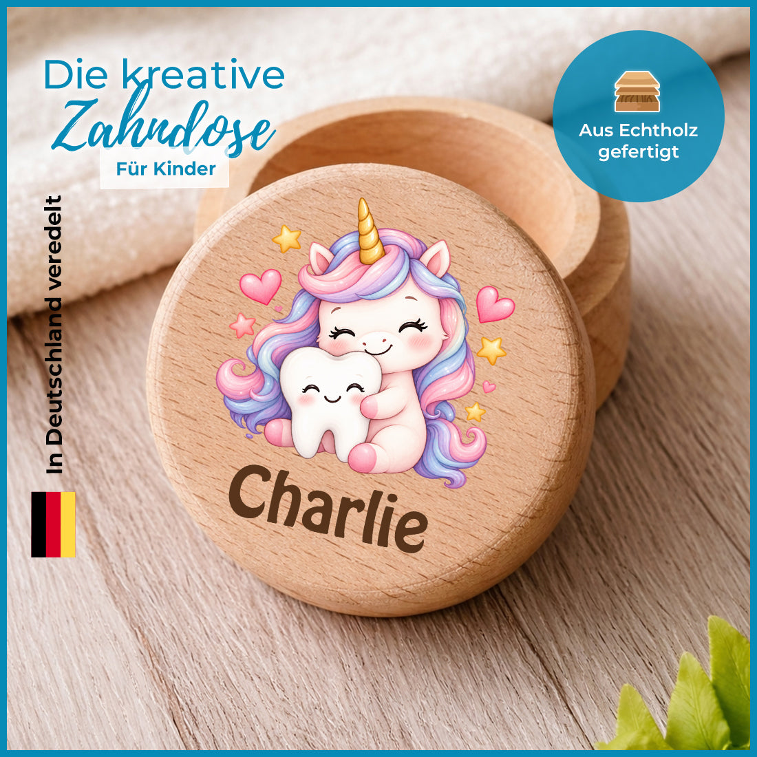 Runde Zahndose mit Motiv Einhorn & Zahn und Beispielname Charlie im Detailbild mit Holzmaserung