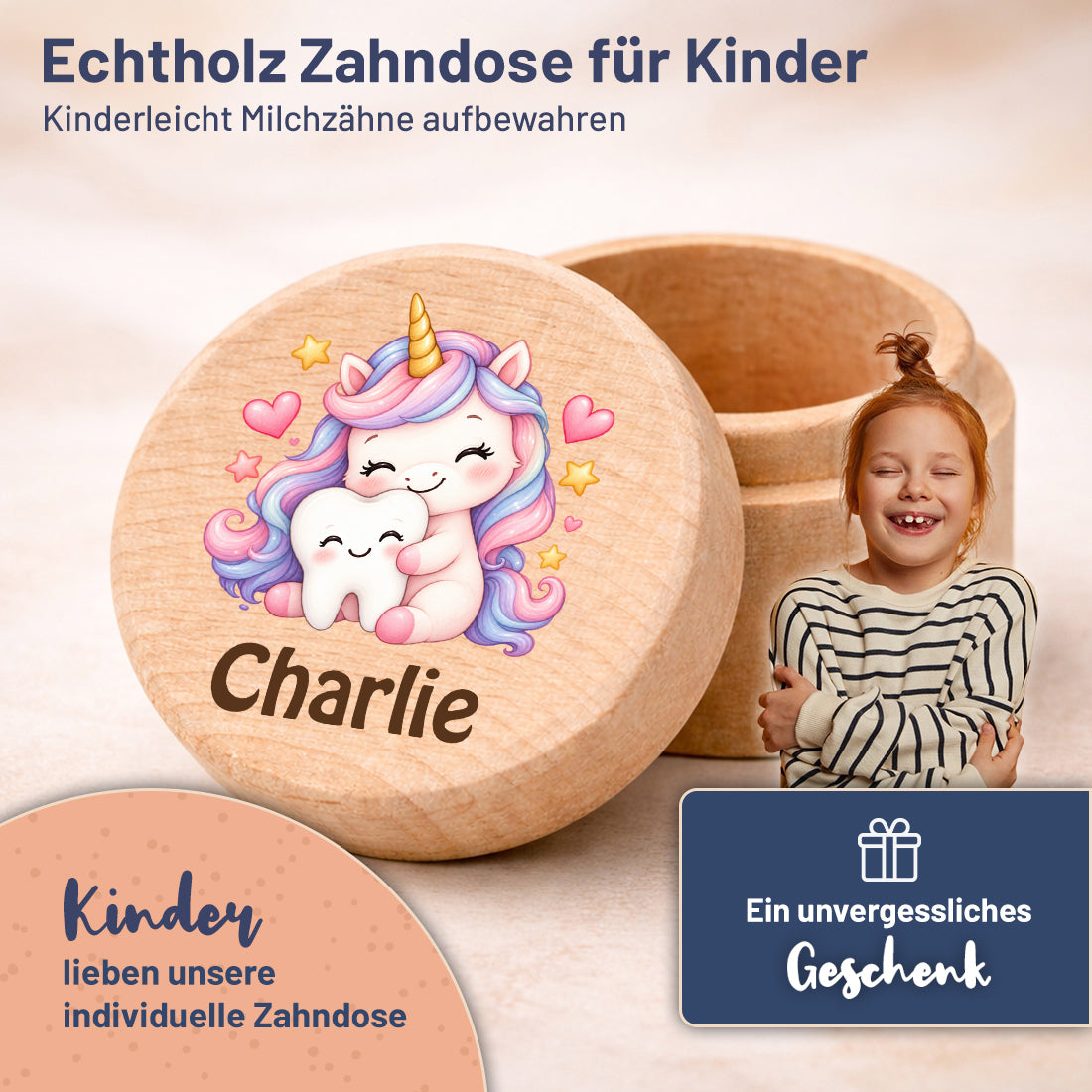 Runde Zahndose mit Motiv Einhorn & Zahn und Beispielname Charlie im Kinderzimmer