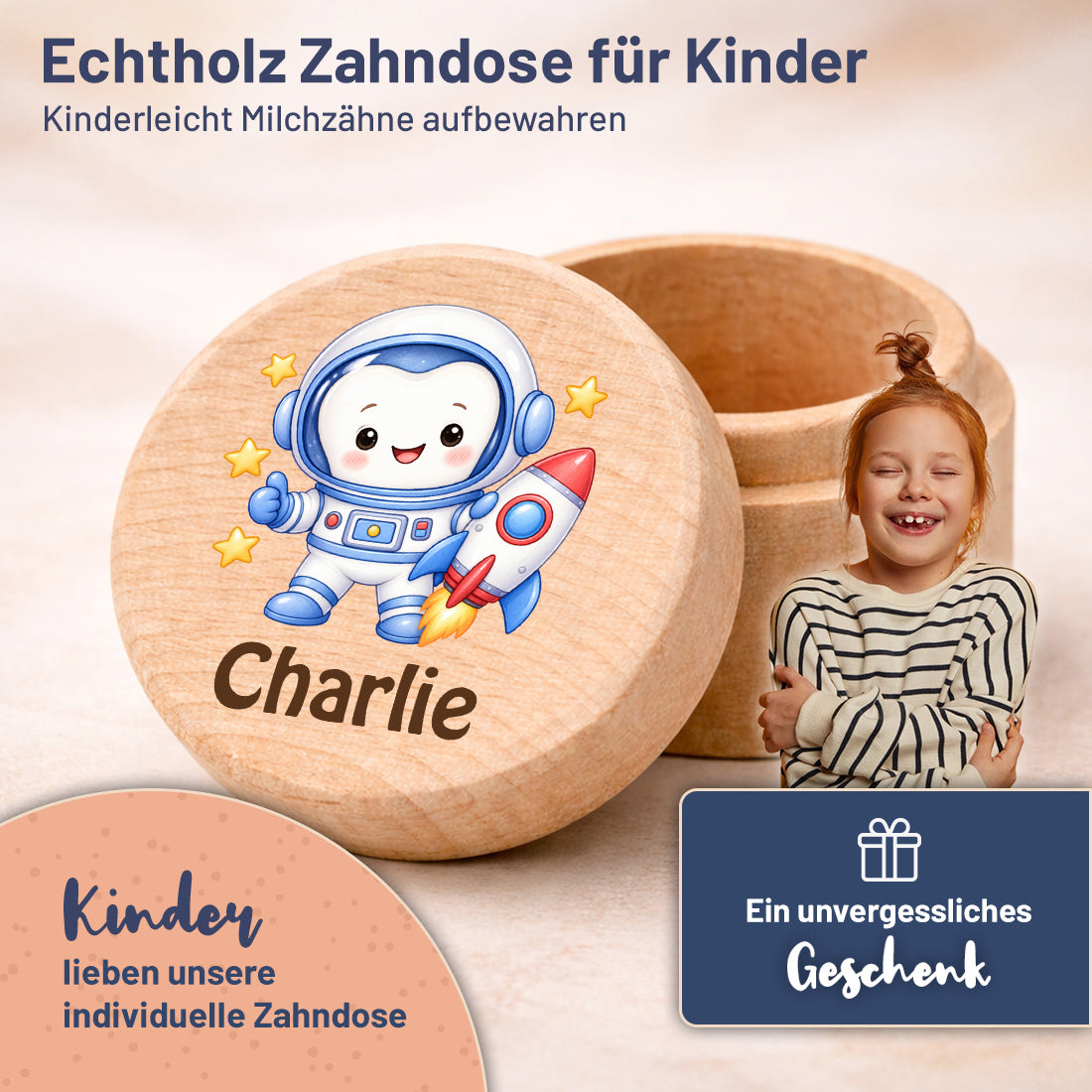 Runde Zahndose mit Motiv Zahn-Astronaut und Beispielname Charlie im Kinderzimmer