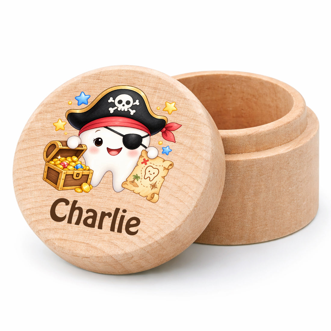 Runde Zahndose mit Motiv Zahn-Pirat und Beispielname Charlie vor weißem Hintergrund