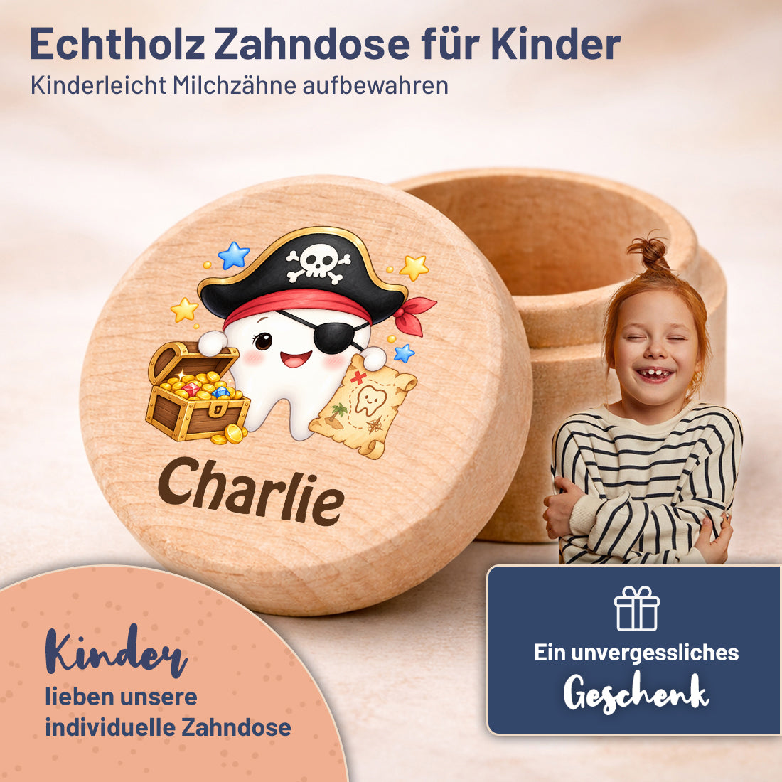 Runde Zahndose mit Motiv Zahn-Pirat und Beispielname Charlie im Kinderzimmer