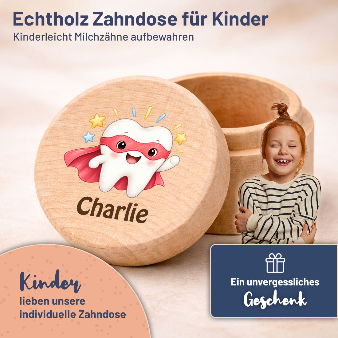 Runde Zahndose mit Motiv Superzahn und Beispielname Charlie im Kinderzimmer