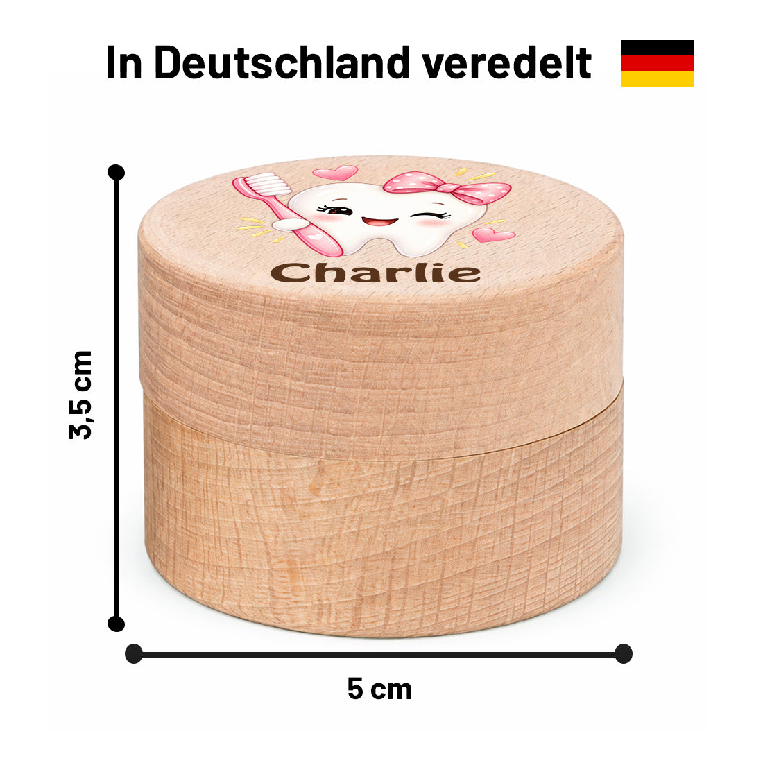 Runde Zahndose mit Motiv Zahn & Zahnbürste und Beispielname Charlie im Maßbild mit 5 cm Durchmesser und 3,5 cm Höhe