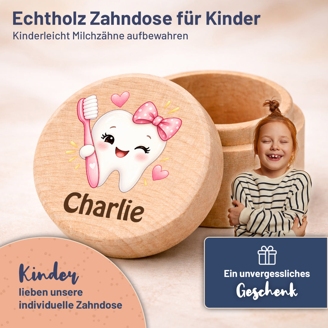 Runde Zahndose mit Motiv Zahn & Zahnbürste und Beispielname Charlie im Kinderzimmer