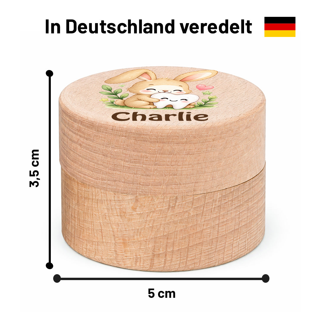 Runde Zahndose mit Motiv Hase & Zahn und Beispielname Charlie im Maßbild mit 5 cm Durchmesser und 3,5 cm Höhe