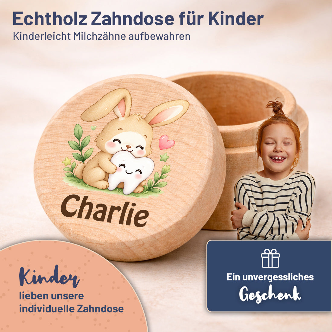 Runde Zahndose mit Motiv Hase & Zahn und Beispielname Charlie im Kinderzimmer