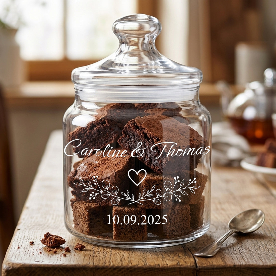 Graviertes Vorratsglas mit floralem Zweig-Motiv gefüllt mit Schokoladenkuchen