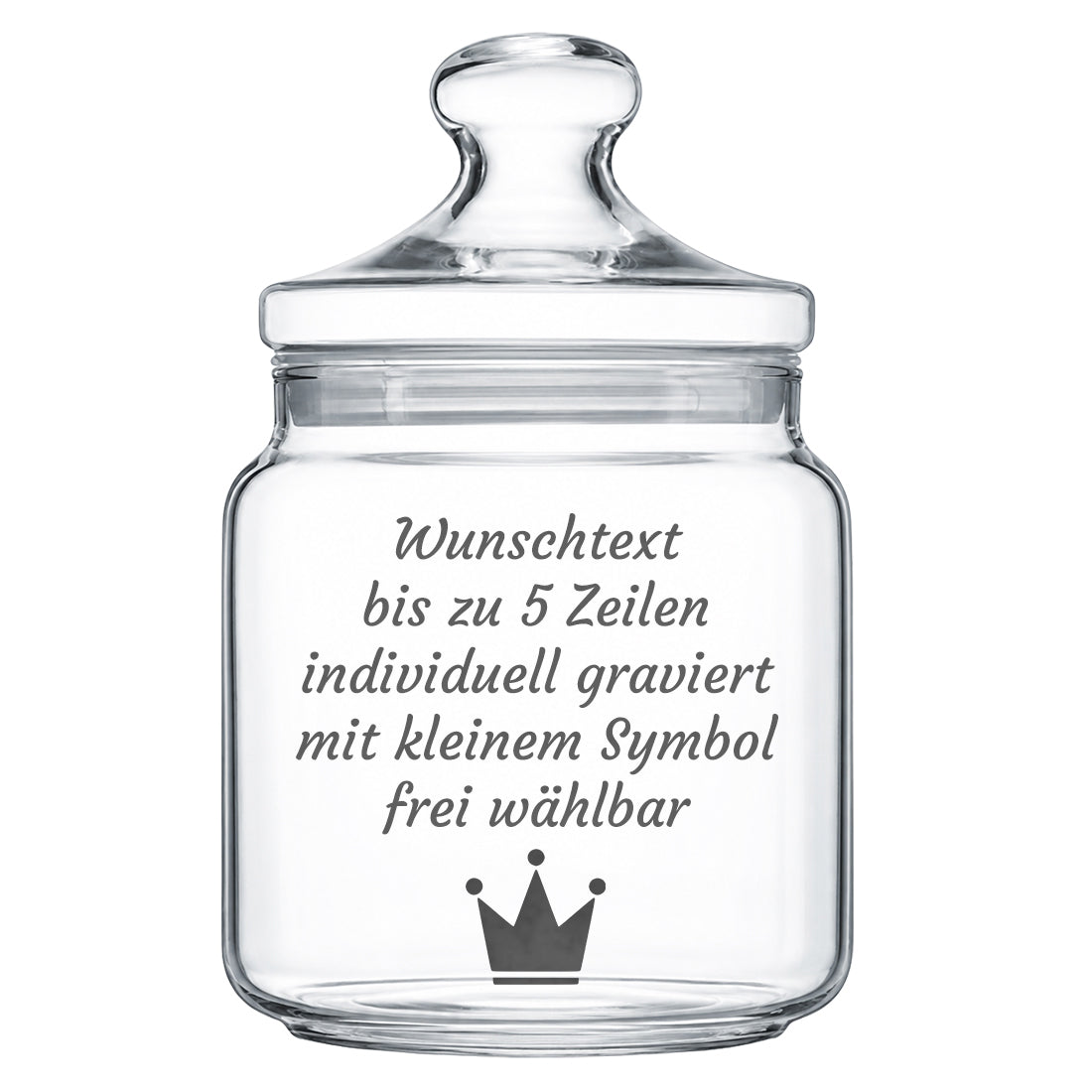 Personalisiertes Glas mit Wunschtext und geschwungener Krone