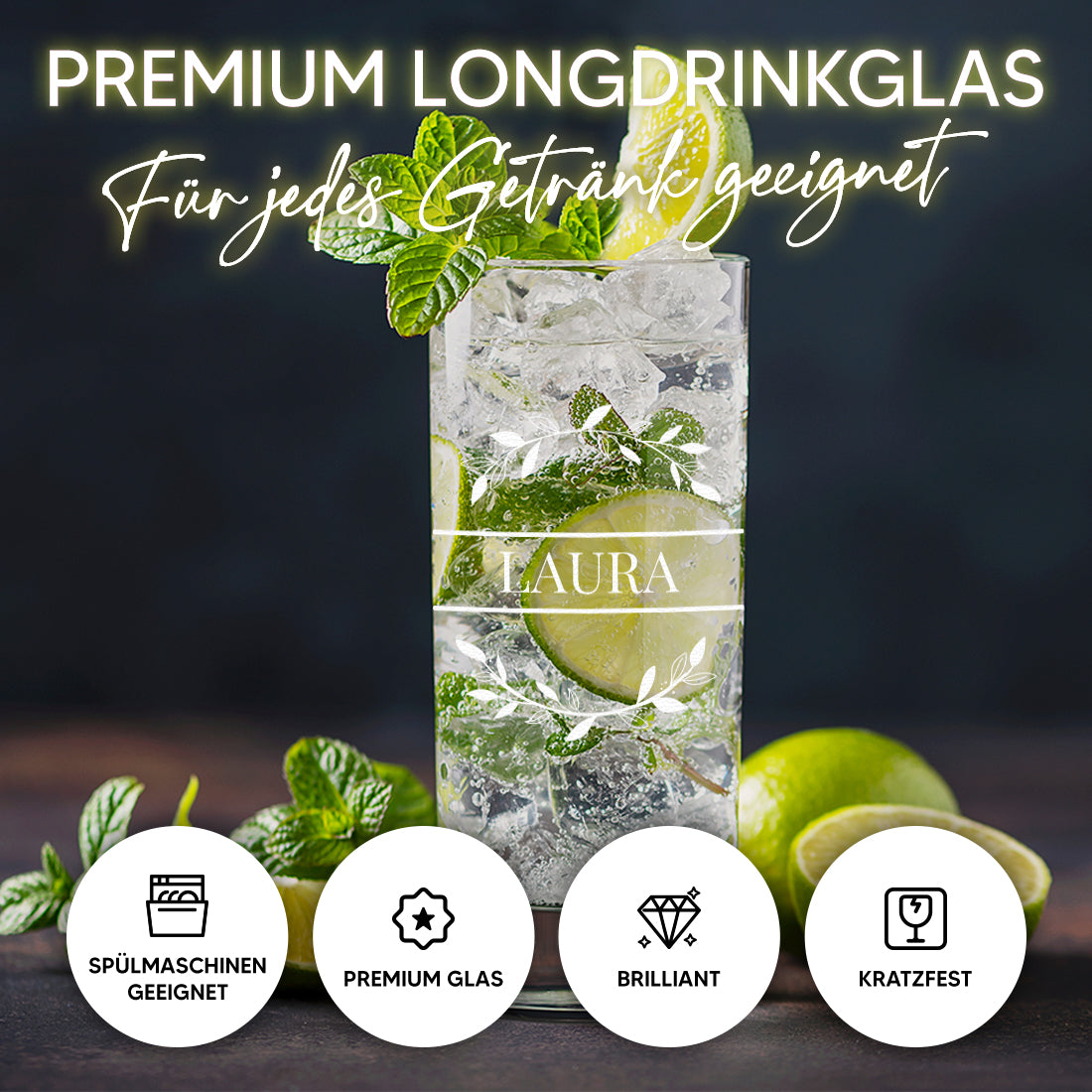 Longdrink Wasser Trinkglas 485 ml mit Gravur - Motiv Blätterkreis