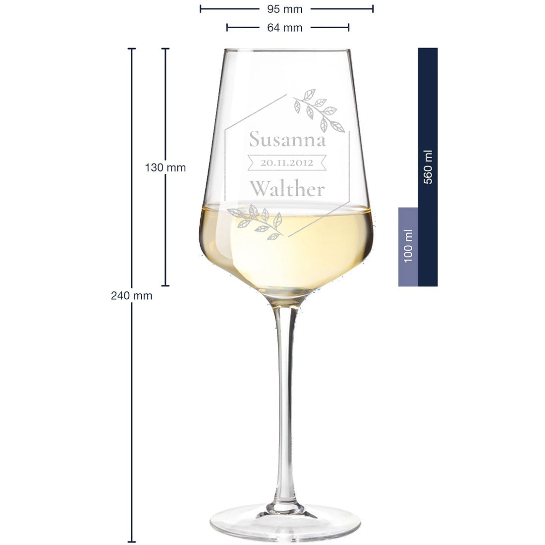 Technische Infografik eines gravierten Weinglases mit Maßen wie 240mm Gesamthöhe und einem maximalen Fassungsvermögen von 560ml.
