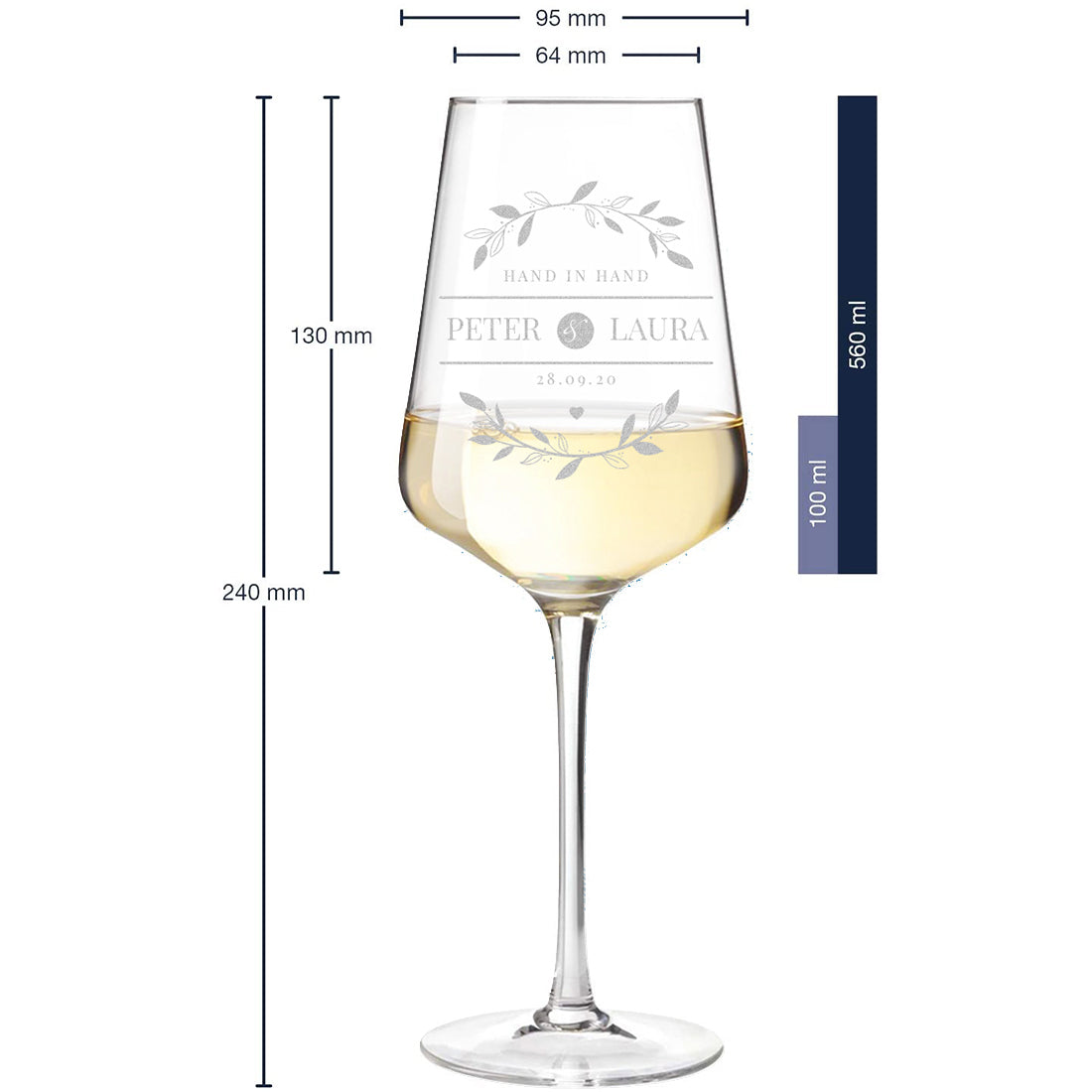 Infografik eines gravierten Weinglases mit genauen Maßangaben wie 240mm Höhe, 560ml Fassungsvermögen.