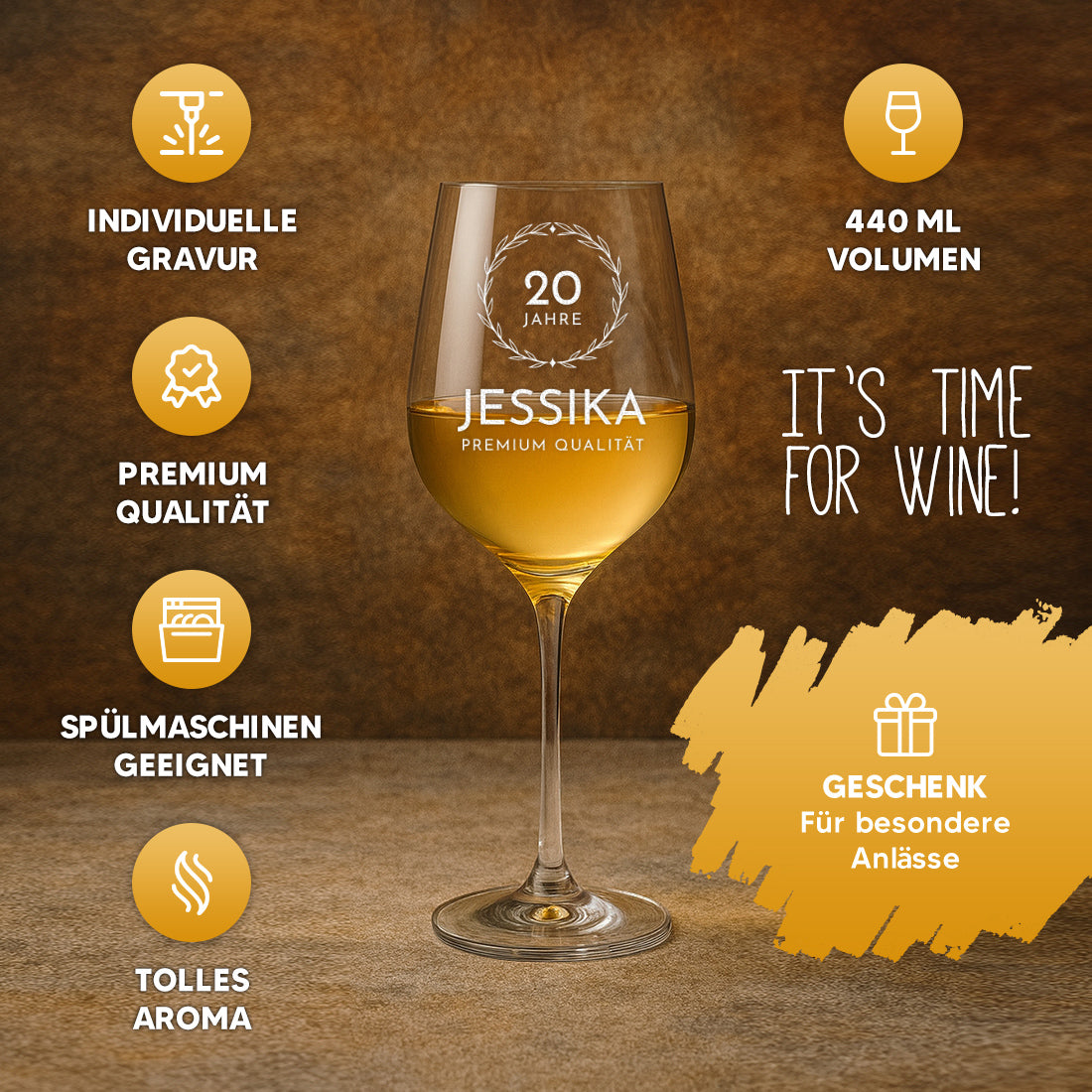 Weinglas modern 440 ml mit Wunschgravur zum Geburtstag