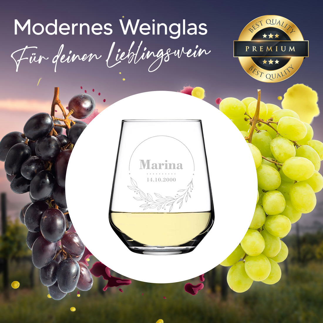Weinglas 425 ml mit Gravur für Weißwein - Motiv: Blumenkreis