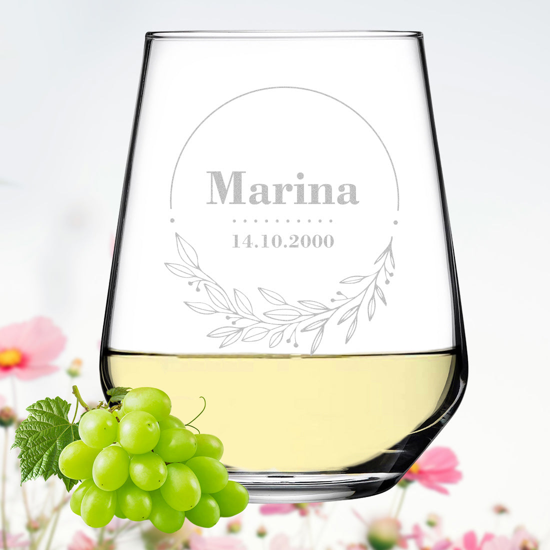 Weinglas 425 ml mit Gravur für Weißwein - Motiv: Blumenkreis