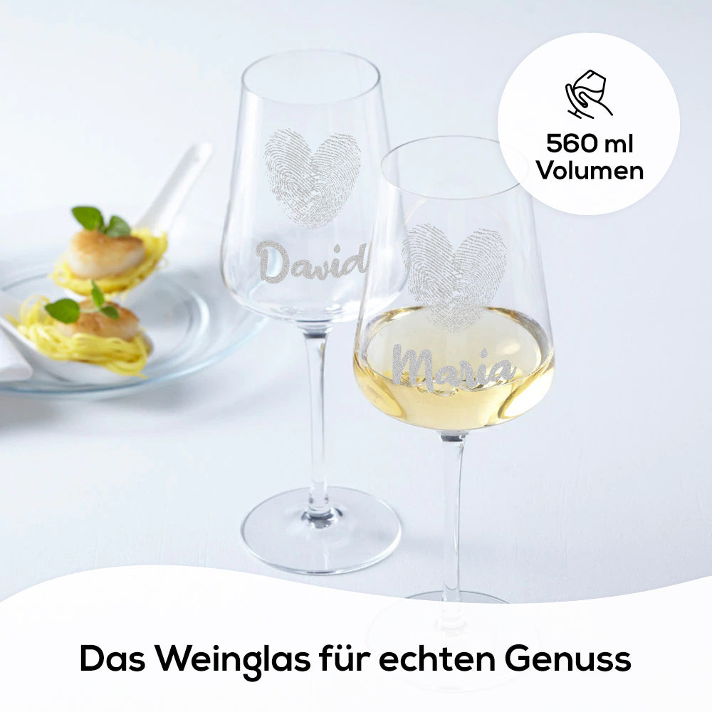 Modernes Weinglas 560 ml mit Gravur - Motiv "Herz-Fingerabdruck"