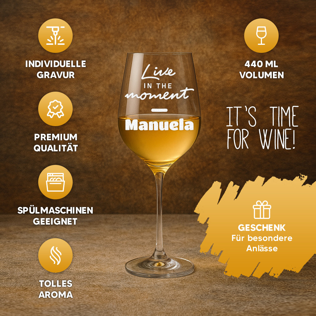 Weinglas 440 ml mit Gravur "Live in the moment"